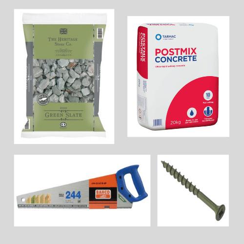 pictures of consumables bag of post mix, a screw, a woodsaw, green slate