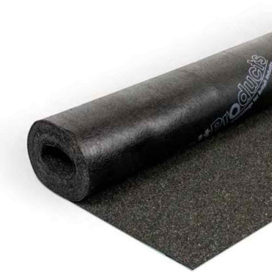 A rolled-up sheet of black roofing felt with a textured surface partially unrolled on a white background.