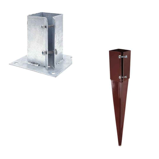 Two types of metal post bases: one is a flat, galvanized bracket with bolt holes, and the other is a brown, pointed ground spike bracket for supporting posts.