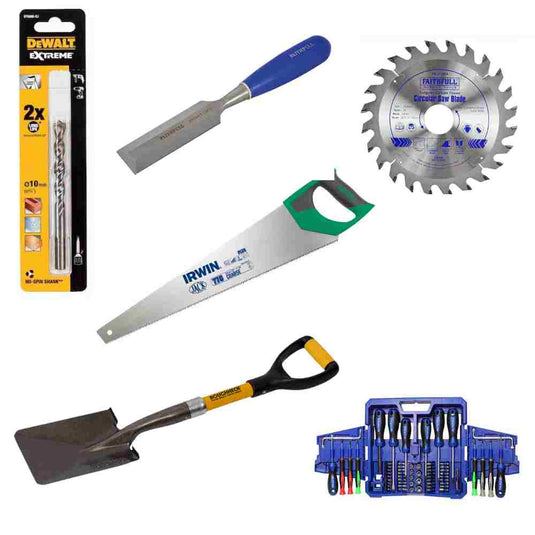 range of hand tools including a saw, chisel, drill bits, screwdriver
