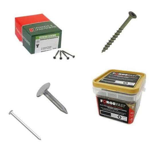 Image showing various fasteners: a box of decking screws, a container of ForgeFast screws, a single decking screw, a nail with a flat head, and a long screw with a sharp tip.