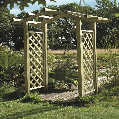Garden arch in wooden with trellis sides and omega arched top in a green garden
