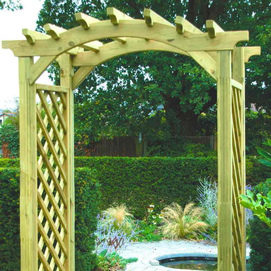 Garden arch in wooden with trellis sides and omega arched top in a green garden