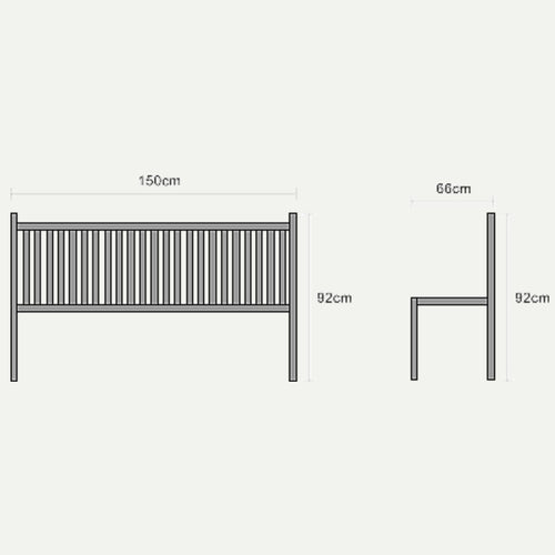 Line drawing of the Bingley Fencing 1.5m Teak Garden Bench, showing front and side views with dimensions: 150 cm wide, 92 cm tall, and 66 cm deep—designed with slats similar to a wooden headboard.