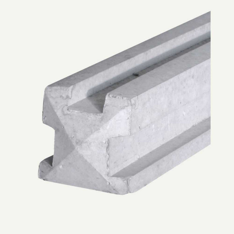 Load image into Gallery viewer, A close-up of a light gray Concrete Fence Post - 3 Way by Bingley Fencing, featuring a notched design along its length. The post displays a sleek geometric and angular appearance, reminiscent of maintenance-free structures, set against a plain white background.