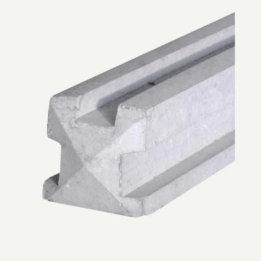 A close-up of a light gray Concrete Fence Post - 3 Way by Bingley Fencing, featuring a notched design along its length. The post displays a sleek geometric and angular appearance, reminiscent of maintenance-free structures, set against a plain white background.