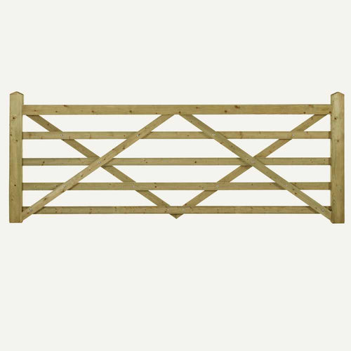 The Charlton Driveway/Field Gate 5 Bar is a wooden farm gate, showcasing a criss-cross and horizontal plank design made from tanalised timber, supported by two sturdy vertical posts on each side.