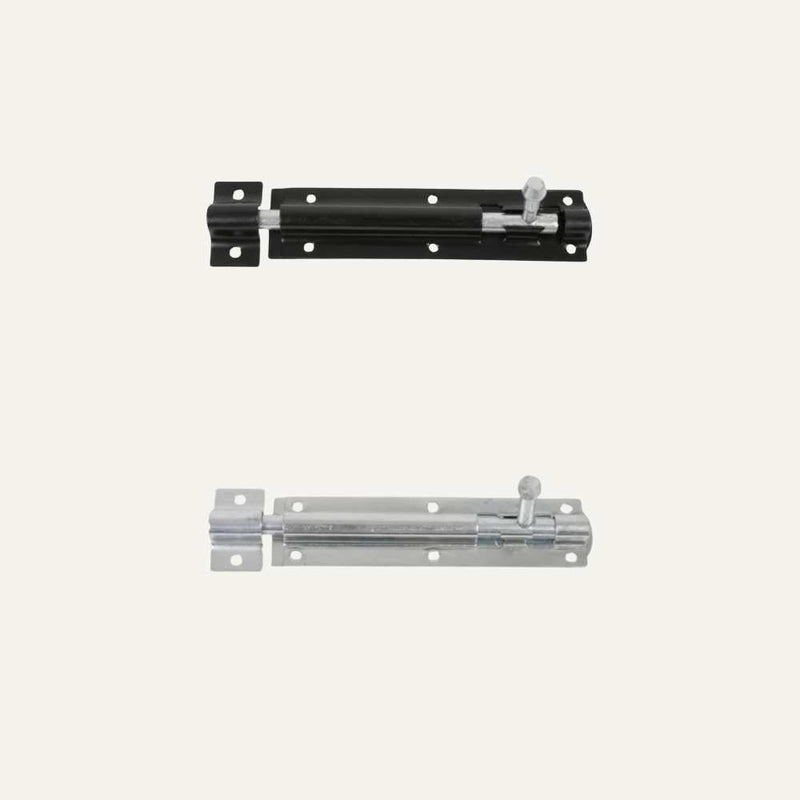 Load image into Gallery viewer, On a minimalist backdrop, two stylish Henry Shaw Tower Bolts 75mm 3" are displayed, ideal for gate ironmongery. The upper bolt displays an eye-catching black finish, whereas the lower one exhibits a timeless zinc finish. Both feature cylindrical latches and several screw holes for straightforward installation.