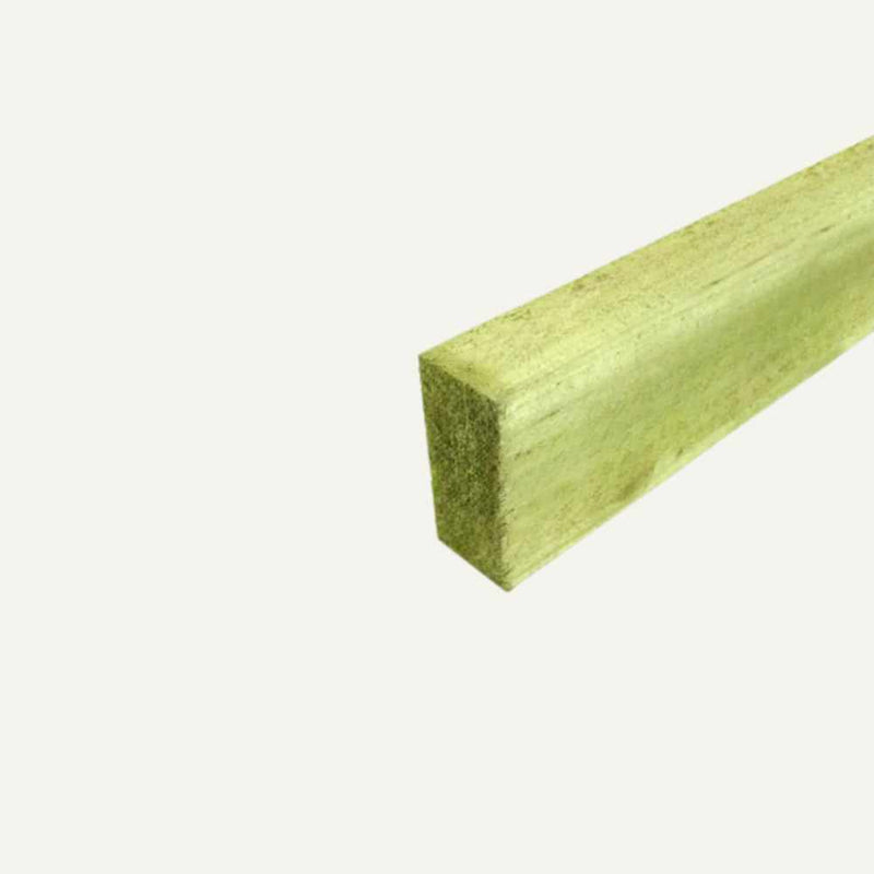 Load image into Gallery viewer, A close-up view of a Bingley Fencing pressure-treated rectangular wooden backrail, measuring 3" x 1.5" (75mm x 38mm), featuring a light green hue, isolated on a plain white background.