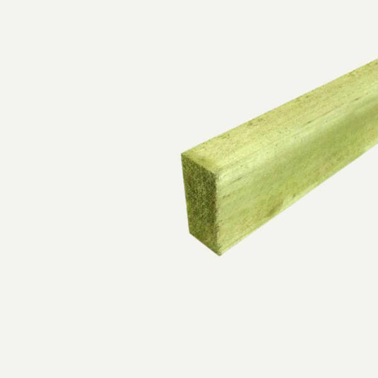 A close-up view of a Bingley Fencing pressure-treated rectangular wooden backrail, measuring 3" x 1.5" (75mm x 38mm), featuring a light green hue, isolated on a plain white background.