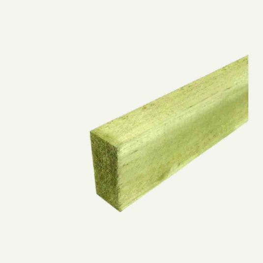 Against a plain backdrop, a piece of light green, rectangular wooden lumber is displayed. This Backrail by Bingley Fencing measures 3" x 1.5" (75mm x 38mm) and is pressure treated for enhanced durability. The smooth wood showcases visible grain textures, making it an excellent choice for crafting sturdy fence rails that integrate effortlessly into any landscape.