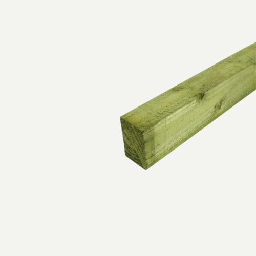 A single piece of Bingley Fencing's 75mm x 50mm Rail/Joist, measuring 3†x 2†and stretching to a length of 4.2 meters, is displayed with a light green tint against a plain white background. The rough sawn piece is pressure treated and angled diagonally for a three-dimensional view.