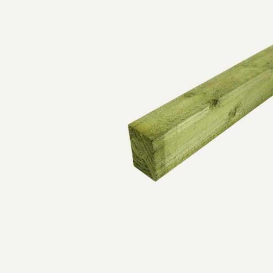 A single piece of Bingley Fencing's 75mm x 50mm Rail/Joist, measuring 3” x 2” and stretching to a length of 4.2 meters, is displayed with a light green tint against a plain white background. The rough sawn piece is pressure treated and angled diagonally for a three-dimensional view.