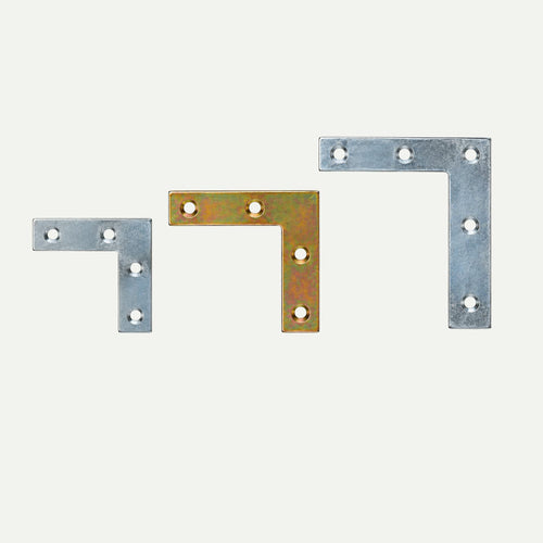 Henry Shaw Flat L-Shaped Corner Mending Plates in three varying sizes and finishes, each featuring countersunk screw holes suitable for timber repairs.