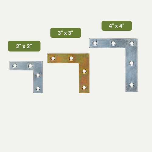 Three Henry Shaw Flat L-Shaped Corner Mending Plates in 2x2, 3x3, and 4x4 sizes, commonly used as metal angle plates for timber repairs.