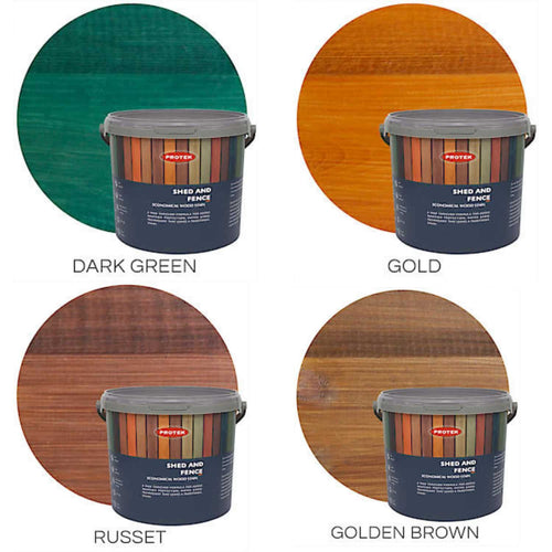 Four buckets of Protek Shed & Fence Stain—each a 5 Ltr container—are displayed in front of large circles showing the stain colours: dark green, gold, russet, and golden brown. Each rich shade from Protek provides robust protection for garden timber and is ideal for exterior use. The bold colour displays behind each bucket make it easy to compare all available stains.