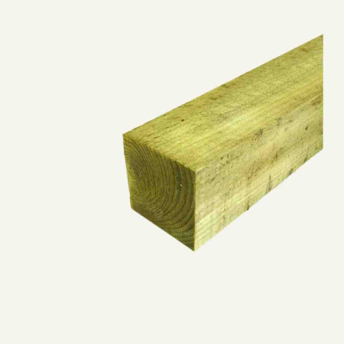 A close-up of a Bingley Fencing tanalised wooden beam with a light greenish hue, known as Fence & Deck Posts - 3" x 3" (75mm x 75mm), is set against a plain white background. The visible grain pattern on the sides and end of the beam indicates that it is ideal for use as durable timber fence posts.