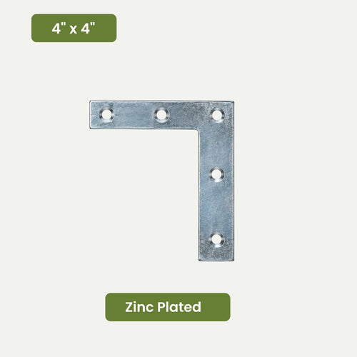 Zinc-plated Flat L-Shaped Corner Mending Plates – Various Sizes in a 4 x 4 configuration with five screw holes, ideal for timber repairs.