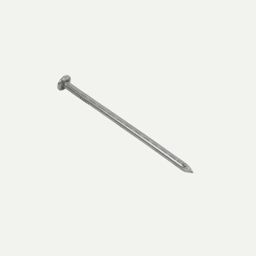 A 50mm round wire nail from a 500g bag rests against a plain light backdrop, highlighting its sleek, bright finish for versatile use.