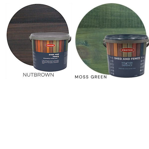 Two 5-litre tubs of Protek Shed & Fence Stain by Protek are shown: one in Nutbrown, a rich dark brown shade, and one in Moss Green, a subtle muted green. These exterior timber treatments offer durable protection for your shed and fence.