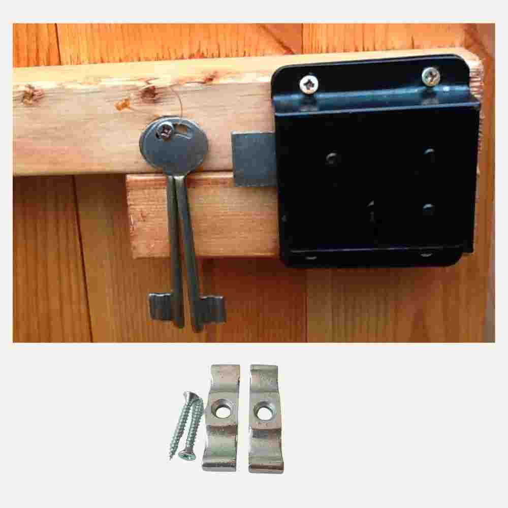 Close up of shed door with black lock and two spare keys