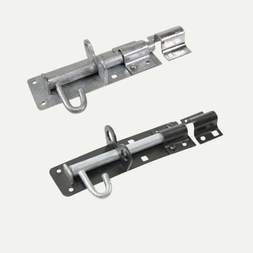 Two metal slide bolts are displayed, perfect for gate applications. The top one is a black 6" Gate Brenton Padbolt with a matching latch, while the bottom one is a galvanised silver version. Both Henry Shaw products feature round handles and multiple screw holes for secure mounting, making them ideal choices for gate ironmongery.