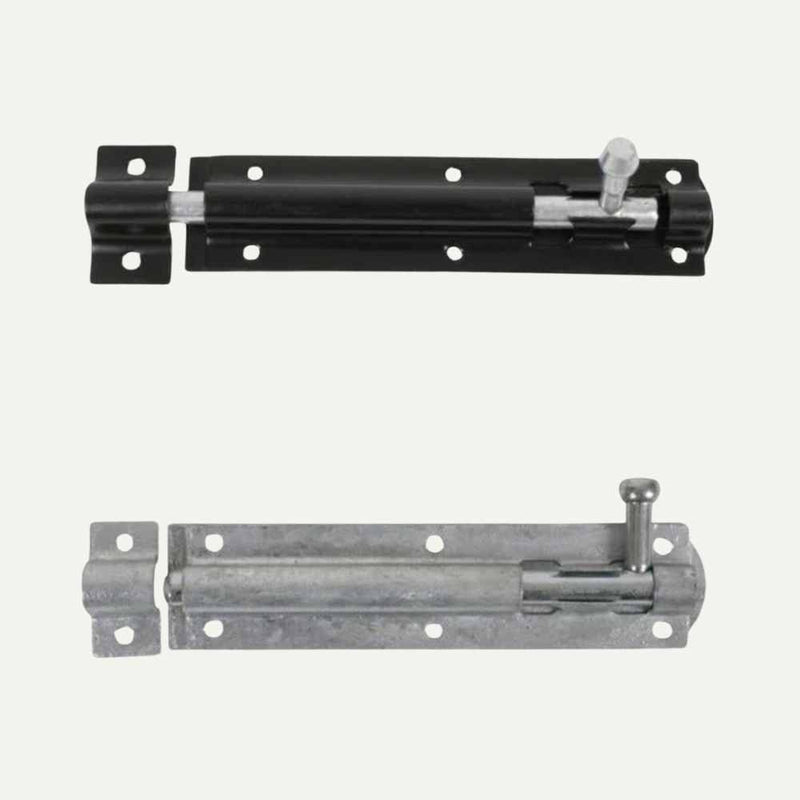 Load image into Gallery viewer, On a light background, two Henry Shaw Tower Bolts measuring 150mm (6") each demonstrate essential gate ironmongery. The top bolt is black and the bottom is galvanised, both featuring multiple mounting holes for easy installation, making them ideal fence fixings.