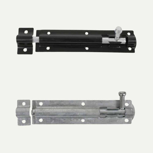 On a light background, two Henry Shaw Tower Bolts measuring 150mm (6") each demonstrate essential gate ironmongery. The top bolt is black and the bottom is galvanised, both featuring multiple mounting holes for easy installation, making them ideal fence fixings.