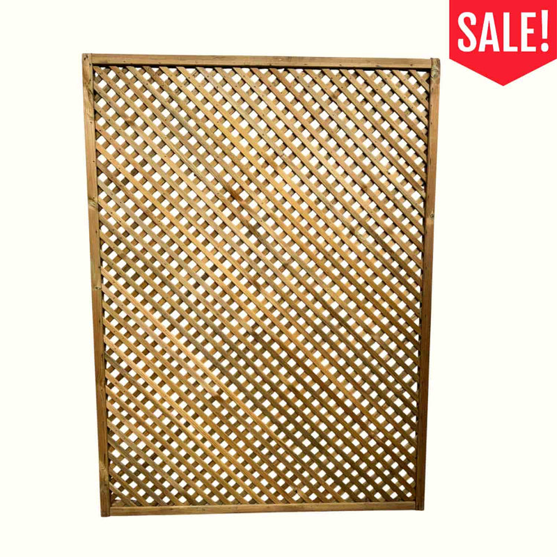 Load image into Gallery viewer, The Bingley Fencing Reduced Privacy Trellis Panel (1620mm x 1200mm), featuring a wooden crisscross design, is displayed against a white background. A red SALE! banner with white text appears in the top right corner.