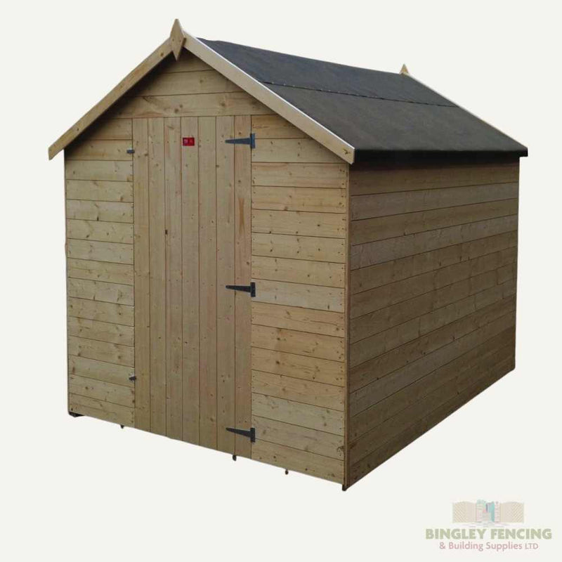Load image into Gallery viewer, The Shed - Apex Roof by Bingley Fencing showcases horizontal panels and a single door with metal hinges, complete with a small sign for personalization on the door. The image prominently features the logo of Bingley Fencing, renowned for their outstanding installation service.