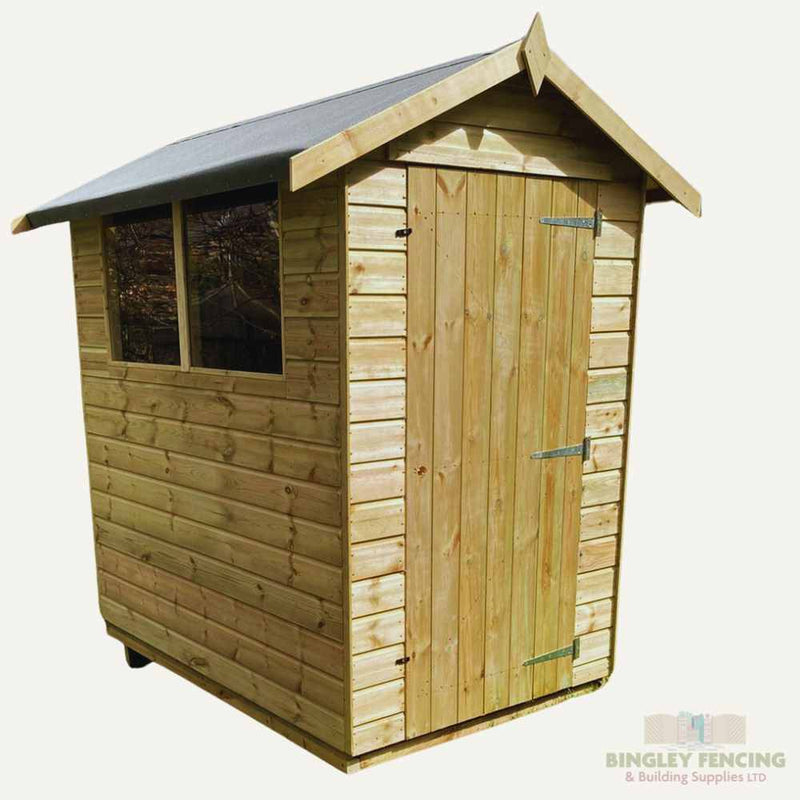Load image into Gallery viewer, The Shed - Apex Roof from Bingley Fencing features a pitched roof and single door, along with a rectangular window on one side. Made from light-colored timber that showcases the natural grain and knots, this garden shed provides customization options to meet your requirements. For added convenience, an optional installation service is available.