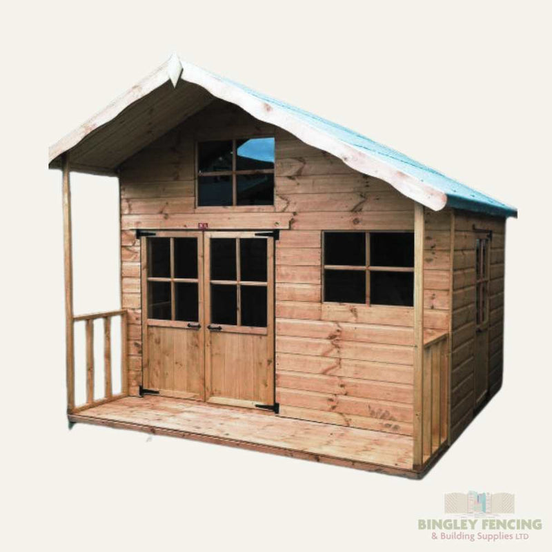 Load image into Gallery viewer, Adventure Kids Playhouse by Bingley Fencing features a steep roof, front porch, and small front-facing windows. Constructed from natural wood with a visible texture, it includes child-friendly preservatives for safety. The charming design is enhanced by an overhanging roof section. The logo at the bottom right reads Bingley Fencing & Building Supplies LTD.