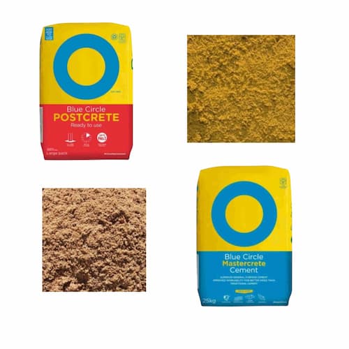 Two bags of Blue Circle construction materials—Postcrete (red and yellow bag, top left) and Mastercrete Cement (blue and yellow bag, bottom right)—with close-up images of their contents beside each.