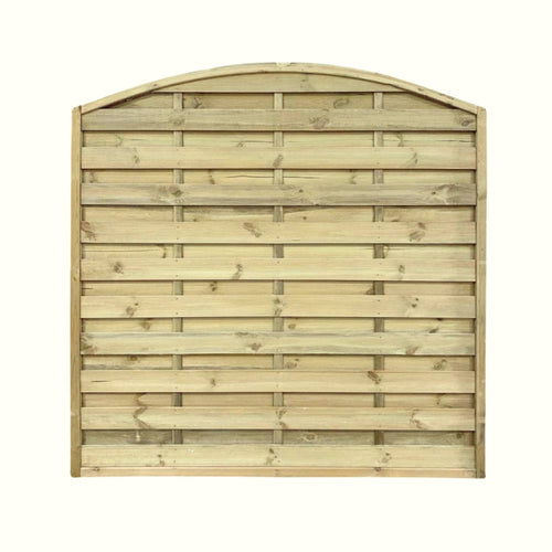 The KDM Arched Horizontal Fence Panel (AH180) features horizontal slats and a curved top, crafted from light-colored, pressure-treated timber for enhanced durability.
