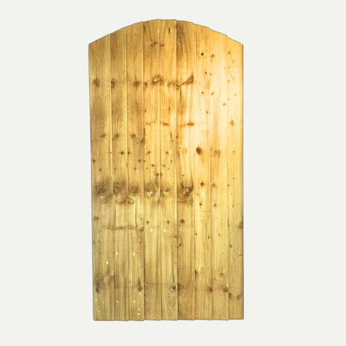 The Bingley Fencing Featheredge Gates - Arched Top, made from natural light brown wood with vertical planks and a gentle arch, is displayed against a white background—ideal for Bradford gate installations seeking both style and durability.