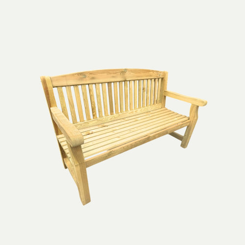 The KDM 4ft Long Wooden Garden Bench - B120 features a slatted backrest and seat, curved armrests, and a natural finish for stylish outdoor seating, shown isolated on a white background.