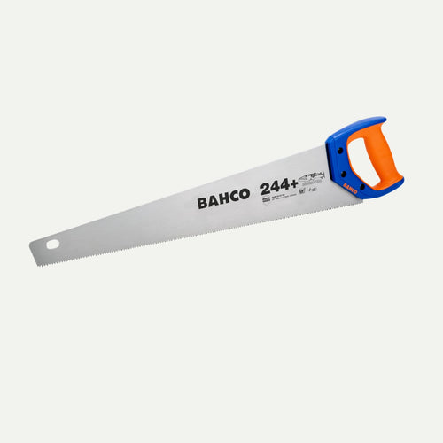 A Bahco 244-22-U7/8-HP Hardpoint Handsaw with a 22 inch steel blade and a blue and orange plastic handle.