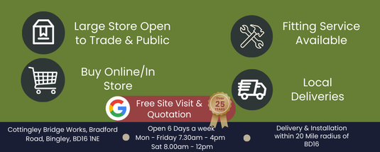 Promotional graphic for a business with services like large store open to trade and public, fitting service available, buy online/in store, free site visit & quotation, local deliveries, and contact information.