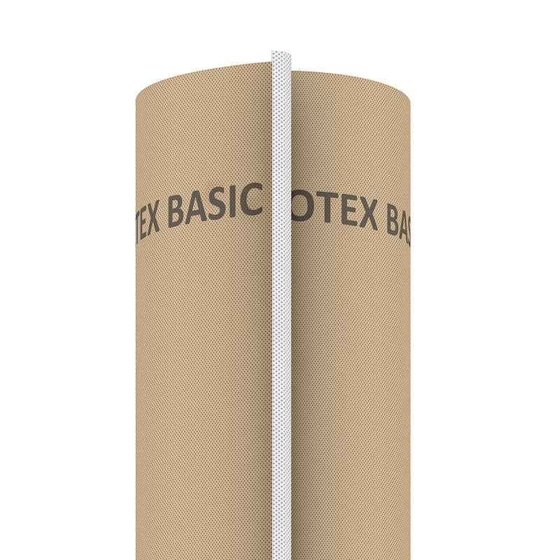 Load image into Gallery viewer, A large roll of Strotex STROTEX BASIC - Roofing Membrane 115g/m² 50mx1.5m, shown upright with a white vertical strip, designed as a breathable membrane for effective roof insulation.