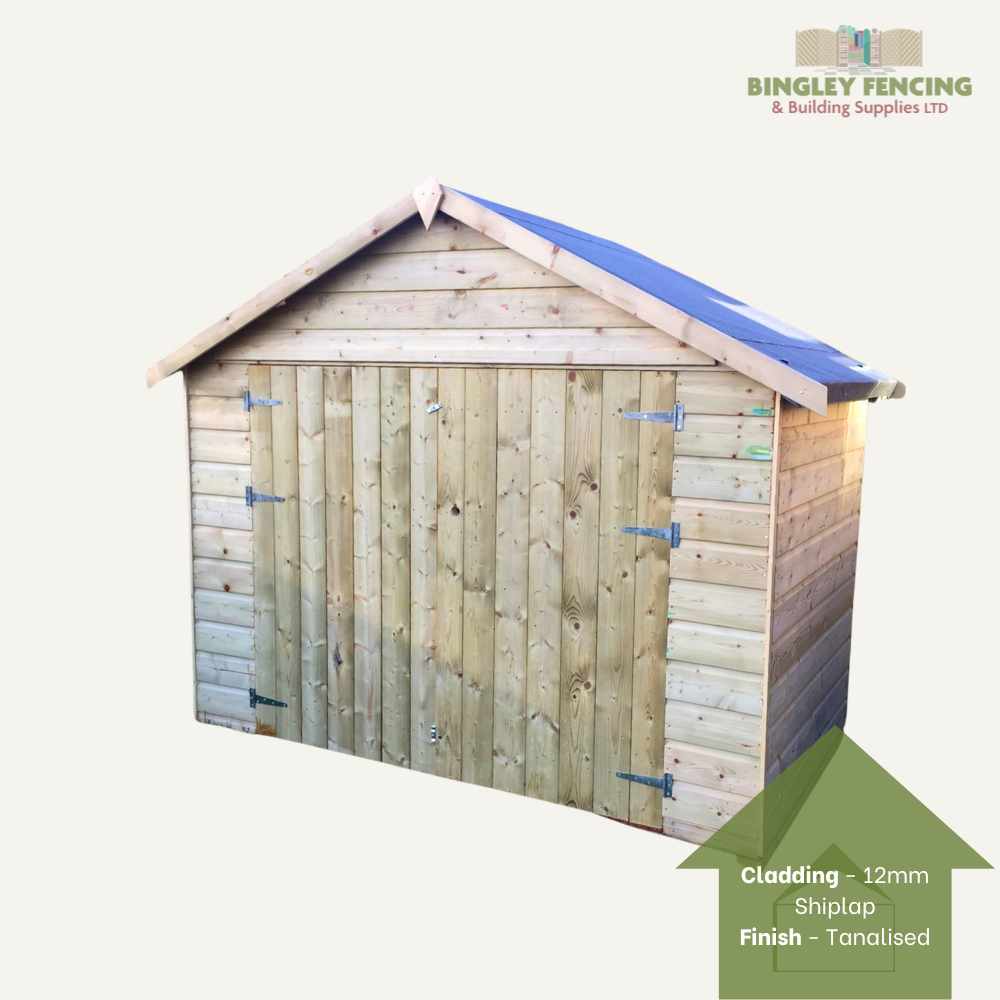 A Bike Store by Bingley Fencing showcases a wooden structure with shiplap cladding and a tanalised finish. It features double doors and a pitched roof partially covered by a tarp, accompanied by green text detailing its construction details and security features. The logo for Bingley Fencing & Building Supplies LTD is positioned in the corner.