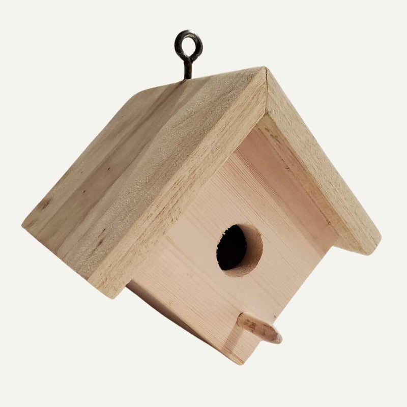 Load image into Gallery viewer, The Bingley Fencing Small Bird House features an apex roof, a small circular entrance with perch, and hangs securely by a metal hook.