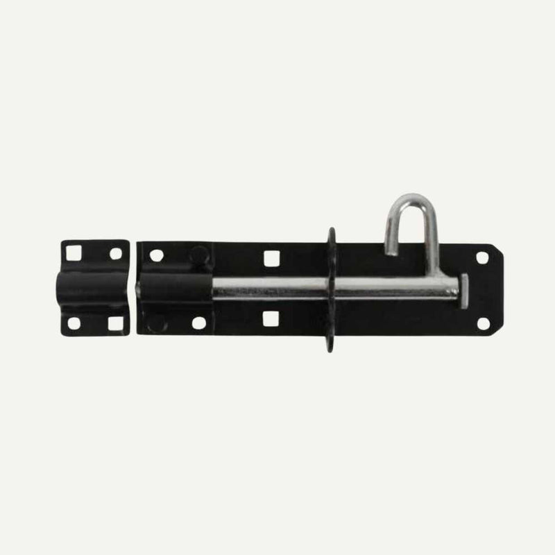 Load image into Gallery viewer, The Henry Shaw 6" Gate Brenton Padbolt is available in a black finish complemented by a galvanised sliding bolt, ideal for gate ironmongery. It is engineered to secure doors or gates and comes with a durable mounting plate featuring pre-drilled holes for straightforward installation.