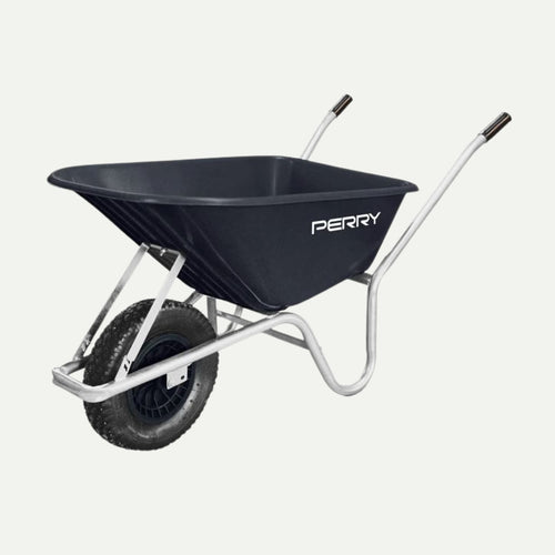 A black KDM 110L Garden Wheelbarrow with a single front wheel and two comfort-grip metal handles.