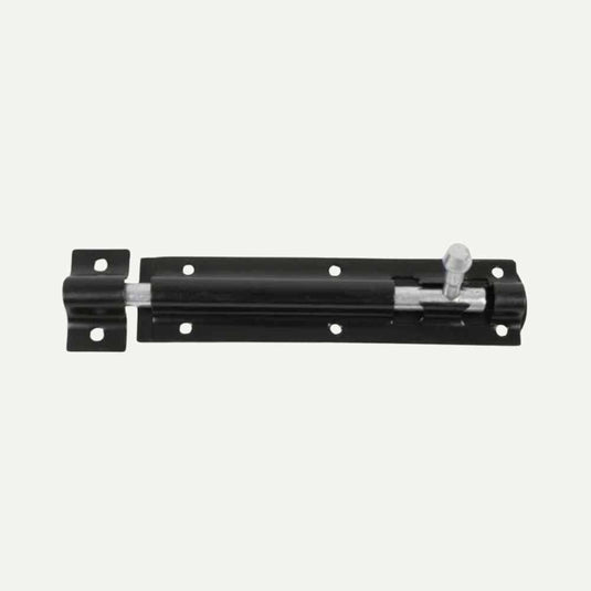 The Henry Shaw Tower Bolt 150mm 6" in black or galvanized finish is expertly designed with a cylindrical bolt, ideal for gate ironmongery. It features a rectangular base equipped with screw holes for easy installation. Displayed horizontally against a light gray background, it exemplifies high-quality fence fixings.