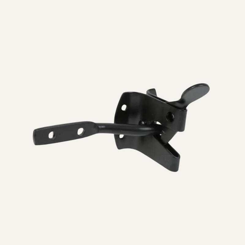 Load image into Gallery viewer, Henry Shaw's Auto Gate Catches in black metal are the perfect solution for securing gates or doors. This essential ironmongery features a lever and hinge with two mounting holes on the arm, offering a simple yet effective locking mechanism for added ease.