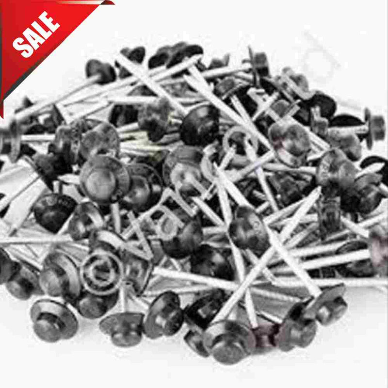 Load image into Gallery viewer, A pile of Onduline Reduced Annular Roof Nails in 3 colours with black plastic caps is shown on a white background. A red "SALE" banner is in the top left—ideal for shed building and corrugated roofing projects.