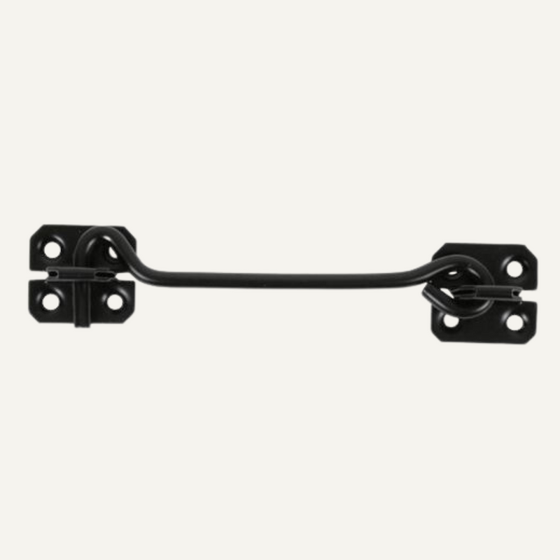 Load image into Gallery viewer, The Henry Shaw Wire Cabin Hook - 8 in black, features a simple design with two rectangular plates and three screw holes for easy installation. The slightly arched hook is positioned horizontally for versatile surface-mounted locking solutions.