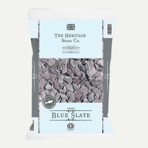 A 20kg bag of 40mm Blue Slate from The Heritage Stone Company is ideal for adding a decorative touch to your garden. It comes with a light blue label showcasing images of slate pieces and detailed product information, providing a stylish way to include garden slate in your outdoor space.