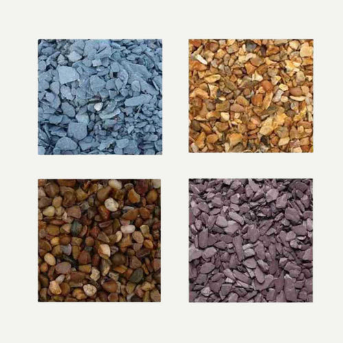 Four sections display garden aggregate: blue-gray slate, The Heritage Stone Company’s Blue Slate 40mm Pieces (20kg), golden stones, brown pebbles, and dark purple slate on white—perfect for gardens in Bradford, West Yorkshire.