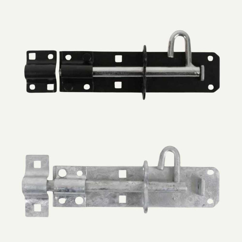 Load image into Gallery viewer, Two metal slide bolts are displayed, perfect for gate applications. The top one is a black 6" Gate Brenton Padbolt with a matching latch, while the bottom one is a galvanised silver version. Both Henry Shaw products feature round handles and multiple screw holes for secure mounting, making them ideal choices for gate ironmongery.